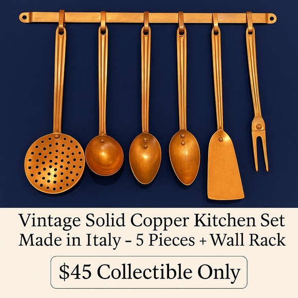 Other - Vintage Solid Copper Kitchen Utensil Set – Made in Italy – 5 Pieces + Wall Rack
